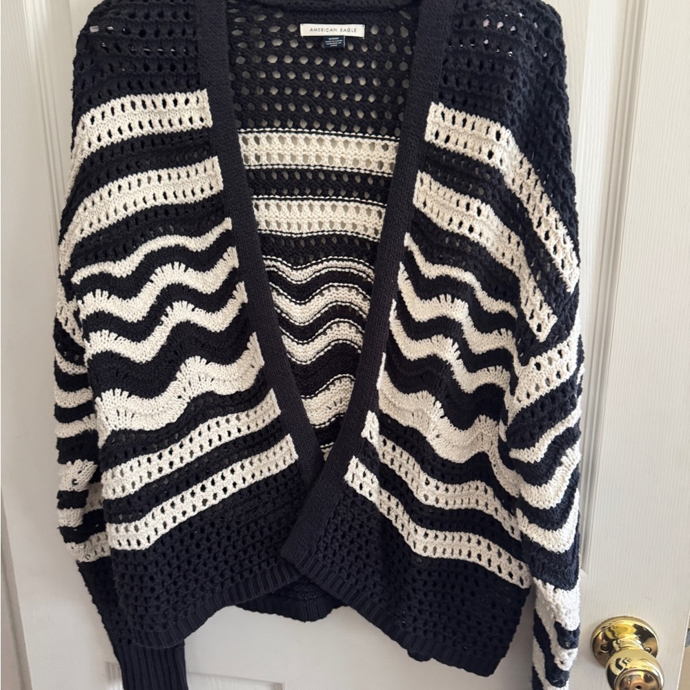 American Eagle Outfitters Black and Cream Open-Knit Cardigan